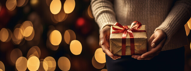 close-up of hands cautiously unwrapping a Christmas gift with copy space