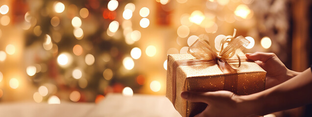 close-up of hands cautiously unwrapping a Christmas gift with copy space