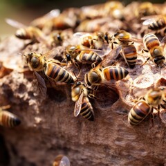 A hornet's nest or wasp nest on the tree close up with bees. Generative Ai.