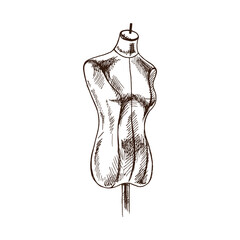 Hand-drawn sketch of  tailor's mannequin. Handmade, sewing equipment concept in vintage doodle style. Engraving style.