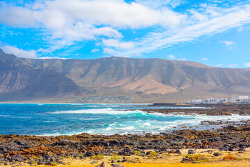 Atlantic coastline of Lanzarote island, Canary Islands, Spain . Landscape of Famara Lanzarote 