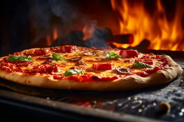 Foto op Plexiglas Indulge in the savory delight of a freshly baked pizza, hot and tempting, straight from the fiery embrace of the oven. Ai generated © dragomirescu