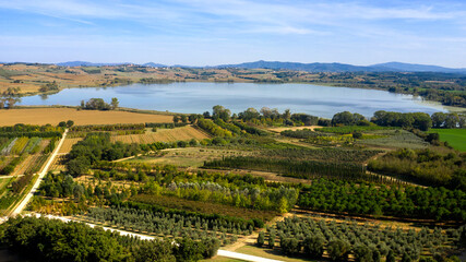 Aerial view of Lake Chiusi. This is a lake basin in Tuscany, located in the Sienese Val di Chiana, Italy.
