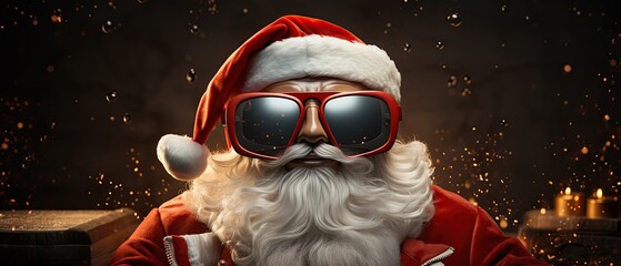 Santa Claus with red  sunglasses  on. candles in background. Cool and funny Santa Claus Christmas and holiday card. 