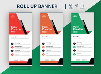Business Roll Up Banner stand. Presentation concept. Abstract modern roll-up background. Vertical roll-up template billboard, banner stand, or flag design layout. Poster for the conference,