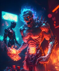 Fototapeta na wymiar a futuristic 3d animated zombie dressed in high tech clothes eating another male zombies stomach in flaming armegedon war with electric robots in the background adult characters dramatic end of 