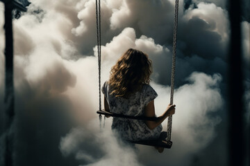  Creative photo capturing the enchanting sight of a woman swinging on clouds, viewed from back. Ai generated