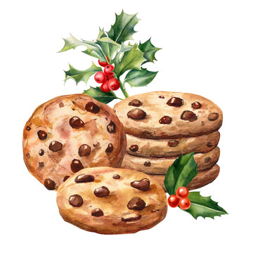 Cookies with chocolate and holly isolated on white background. Hand drawn watercolor sweet illustration, postcard