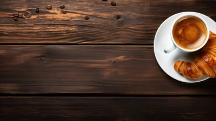 Foto op Plexiglas Coffee cup with croissant for breakfast on dark wood table © Sajida
