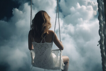  Creative photo capturing the enchanting sight of a woman swinging on clouds, viewed from back. Ai generated