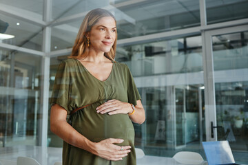 Pregnancy, thinking and happy business woman in office, vision and startup company. Pregnant, smile...