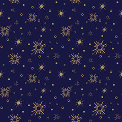 Gold stars seamless pattern, magic celestial night. Golden stars. Bohemian symbols. Vector illustration isolated on dark blue background. White night.