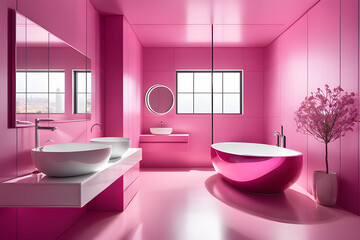 Fototapeta na wymiar Pink bathroom with modern and clean interior. Generative AI