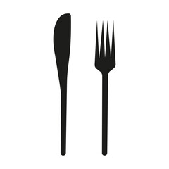Knife and fork vector icons. Restaurant food symbol in black solid flat design. Signs isolated on a white background. Dinner sign template. Simple graphics symbols.