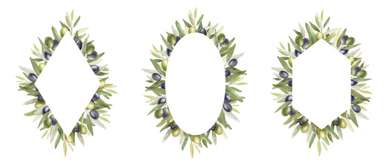 Olive branches, leaves and fruits. Set frames of branches olive tree. Wreath and templates. Watercolor illustrations. For menu, packaging design, wedding invitation, save the date or greeting card.