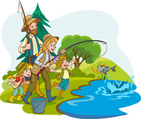 Obraz na płótnie Canvas vector illustration of family fishing