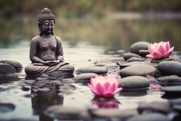 Experience serenity in this creative photo featuring a Buddha statue in a lotus meditation pose by a river adorned with stones and lotus flowers. Ai generated
