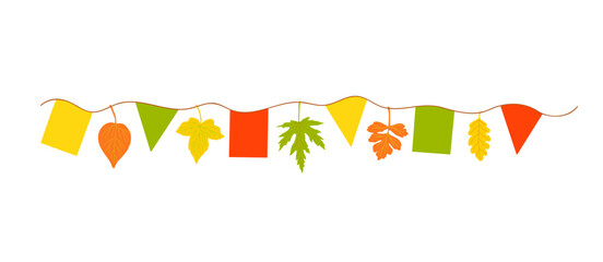 Autumn fall bunting and leaves decorative holiday design element, festive decor vector illustration for Thanksgiving or harvest traditional events, kids birthday parties
