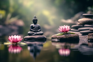 Obraz na płótnie Canvas Experience serenity in this creative photo featuring a Buddha statue in a lotus meditation pose by a river adorned with stones and lotus flowers. Ai generated