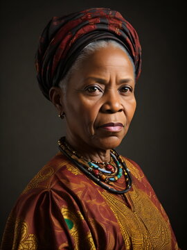 Portrait Of A 50 Year Old African American Woman Wearing Traditional Dress, Looking Straight To The Camera, Sharp Studio Lighting