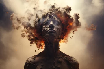 Fotobehang Fiery clouds of a raging smoke, man in lava stands as a powerful symbol of the burnout and pollution that plague the cutthroat world of business, their head exploding with the overwhelming pressure © Glittering Humanity