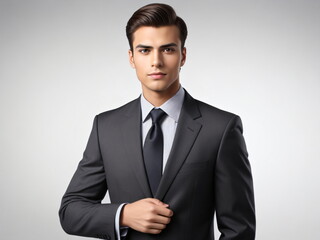 Portrait photo of handsome confident young businessman gentleman isolated on dark grey background