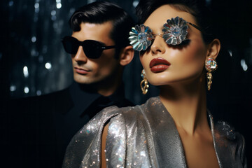 A glamorous woman and her stylish companion donning sunglasses, basking in the luxurious atmosphere of a celebration, adorned with sparkling jewels and impeccable fashion, confidence and chic eleganc - obrazy, fototapety, plakaty