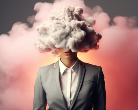 Woman in a red suit in smoke, represents the explosive and overwhelming pressures of the business world, her burning brain a symbol of burnout and the dangers of being consumed by one's own success