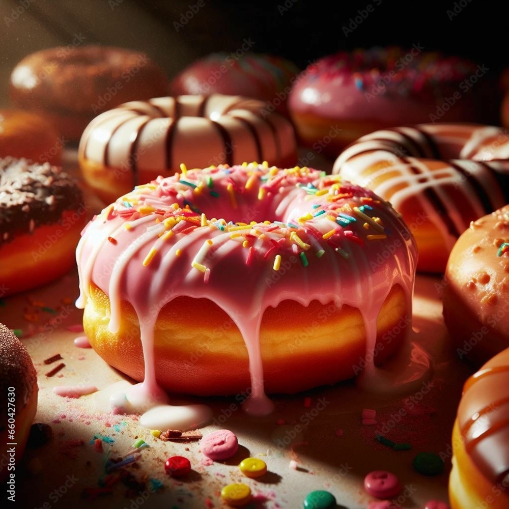 Wall mural ai generated illustration of an array of bright and colorful doughnuts