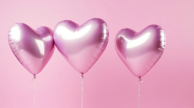 Three pink heart-shaped balloons in front of a pink wall with plenty of negative space as copy space.