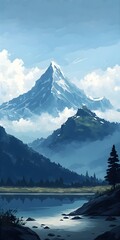 Quiet Anime Mountains A quiet mountain landscape with understated animestyle elements combined with impressionistic touches The landscape is composed of tranquil peaks and whispering forests with a 