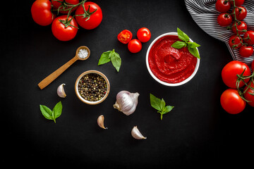 Classic Italian tomatoes sauce passata with basil and garlic for pasta