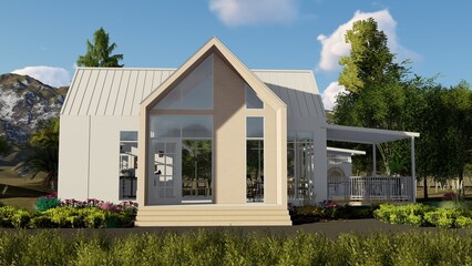 Nordic style house with front garden, Cafe style house Surrounded by nature, 3D design. - obrazy, fototapety, plakaty