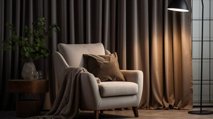 Comfortable armchair near light curtains in room - obrazy, fototapety, plakaty