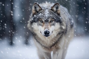 A majestic wolf walking through a winter wonderland forest
