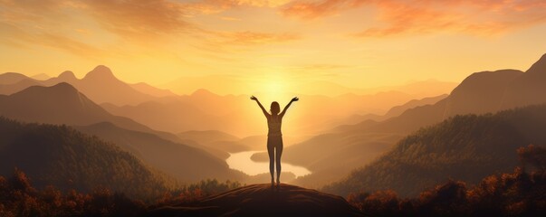 A person celebrating on top of a mountain with arms raised in victory - obrazy, fototapety, plakaty