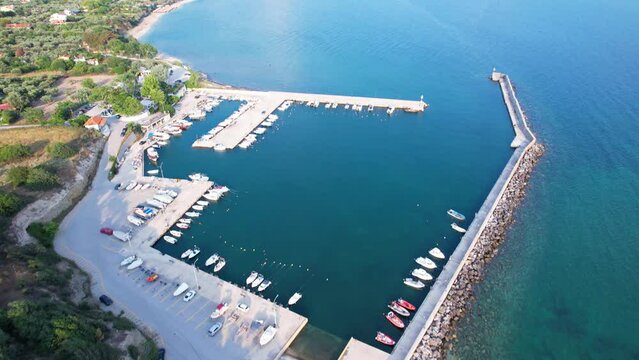 Flying drone over port of Makri