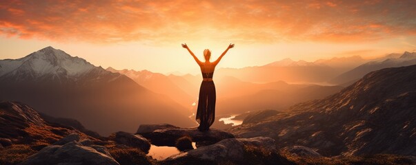 A person celebrating their victory on top of a majestic mountain