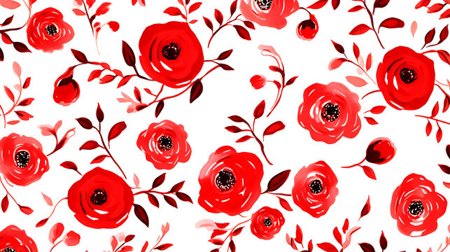 seamless red floral water color pattern on white background