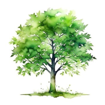 green watercolor  tree isolated on white