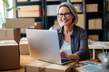 Online store seller during an online conversation with a buyer. Smiley middle aged Caucasian woman sits in front of laptop monitor in a warehouse of products during online video call with a customer.
