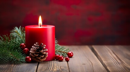 A christmas candle with christmas decorations on a wooden table against a dark red background