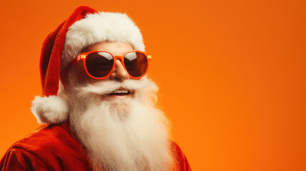 Funny santa claus portrait in sunglasses on orange background