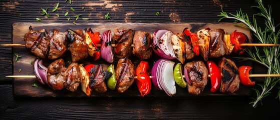 An enticing flat lay of a grilling concept, featuring an array of meats, marinades, and skewers, expertly arranged around an empty space, all captured from a top view.

