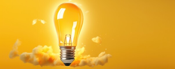 Light yellow bulb with a lot of ideas brainstorming concept, rocket panorama. Generative Ai