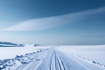 Panoramic winter background, The winter mountains landscape, Snowmobile trail in the snow