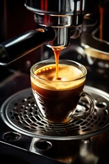 A Preparation of espresso coffee by using coffee machine. Espresso pouring from coffee machine. Close-up of espresso pouring from coffee machine. Professional coffee brewing.
