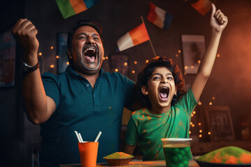 Indian man watching match with his son and enjoying - obrazy, fototapety, plakaty