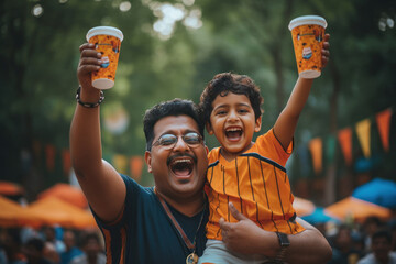 Indian man watching match with his son and enjoying - obrazy, fototapety, plakaty