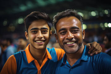 Indian man watching match with his son at stadium - obrazy, fototapety, plakaty
